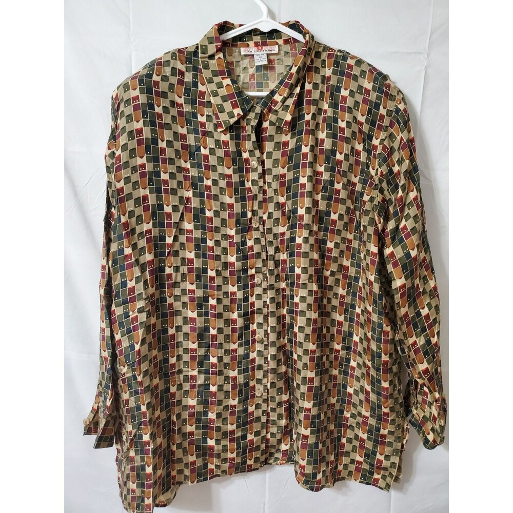 Stunt Collections Vintage Silk Shirt Women's 2X Blouse Brown Button Up Geometric